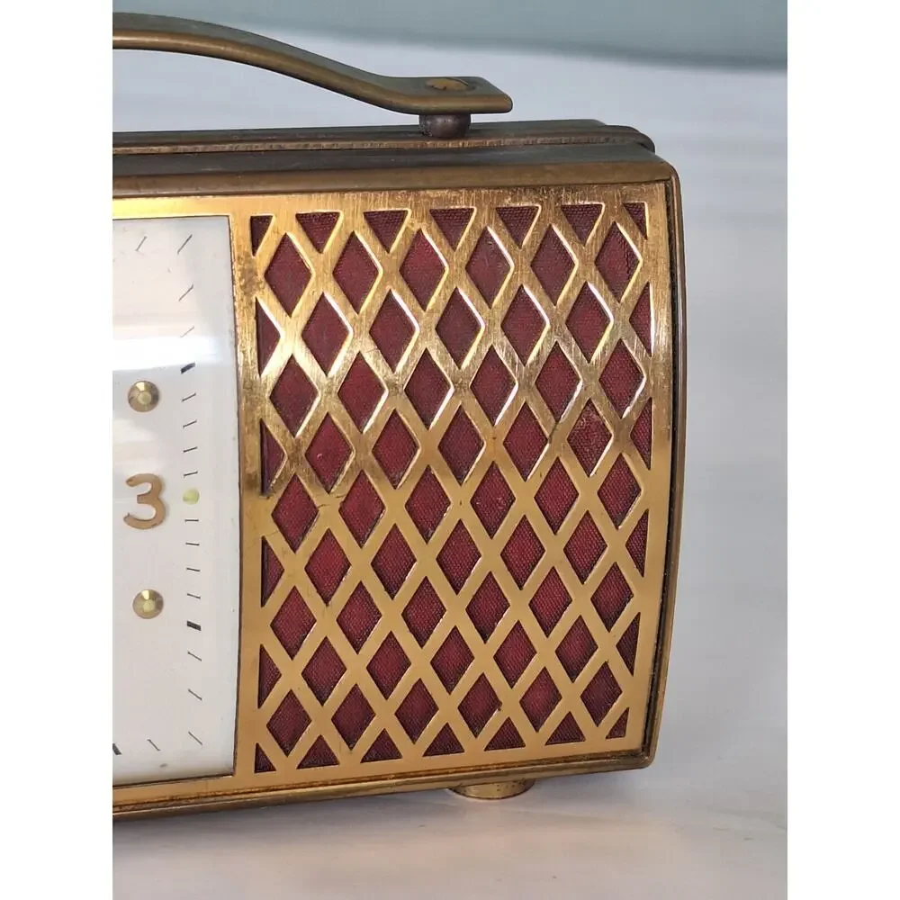 Vintage Semca Swiss 7 Jewel Brass Suitcase Style Musical Alarm Clock MCM Working